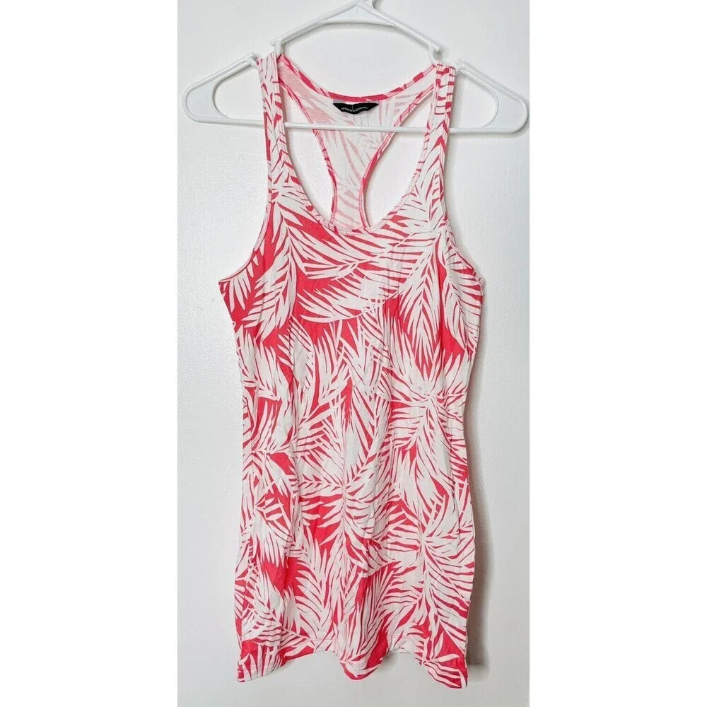 Moda Racerback Tank Top Womens Sz S 100% Cotton Pink Palm Leaf Pattern